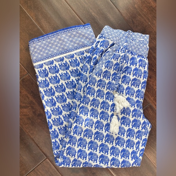 Blue & White Tassel Elephant Block Print Elastic Waist Pull on Pants Trousers - Picture 3 of 8